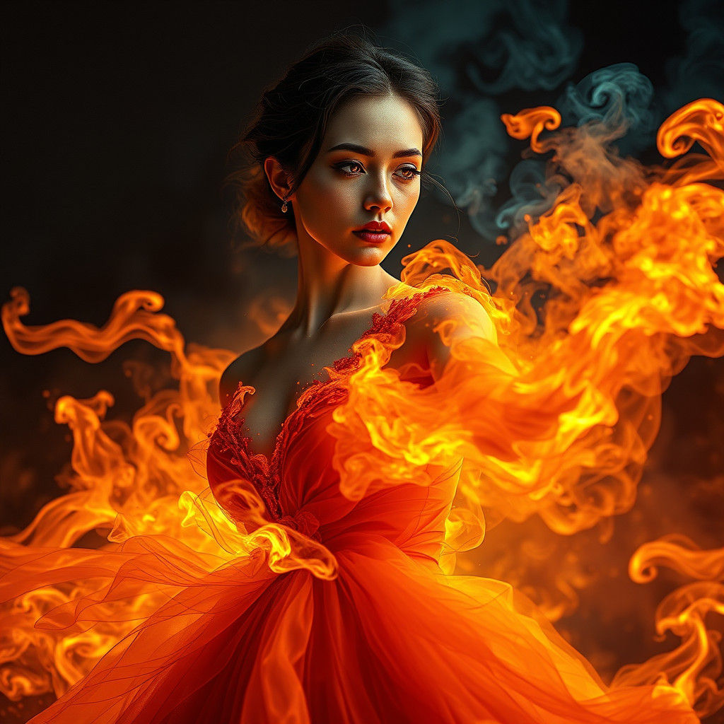 Fiery Dress: Hyperrealistic Portrait in Splash Art Style