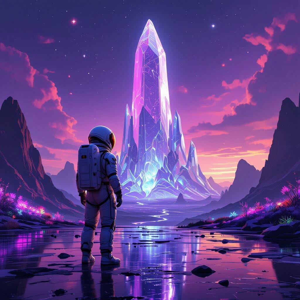 Astronaut Gazing at Alien Structure in Violet Sky