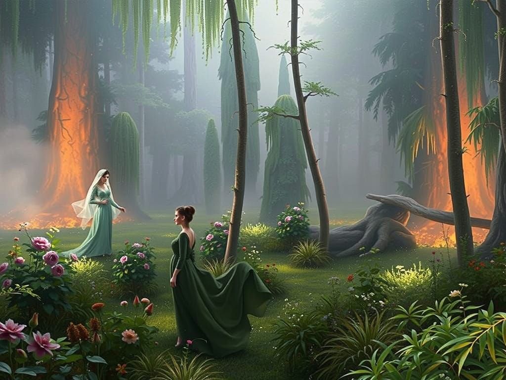 Woman in Elegant Long-Sleeved Gown in Lush Garden