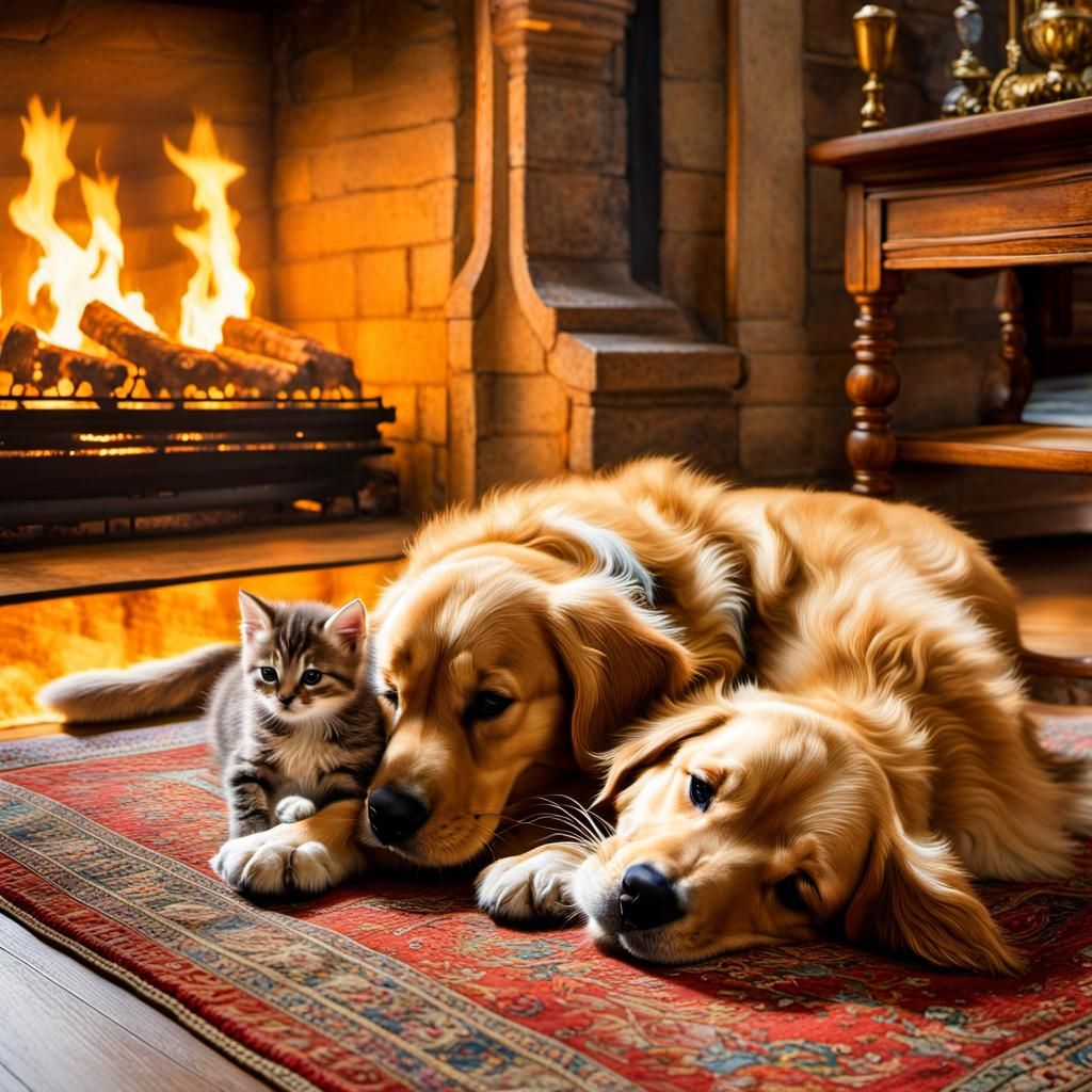 Kitten Watching Retriever Napping, Arthur Rackham Style