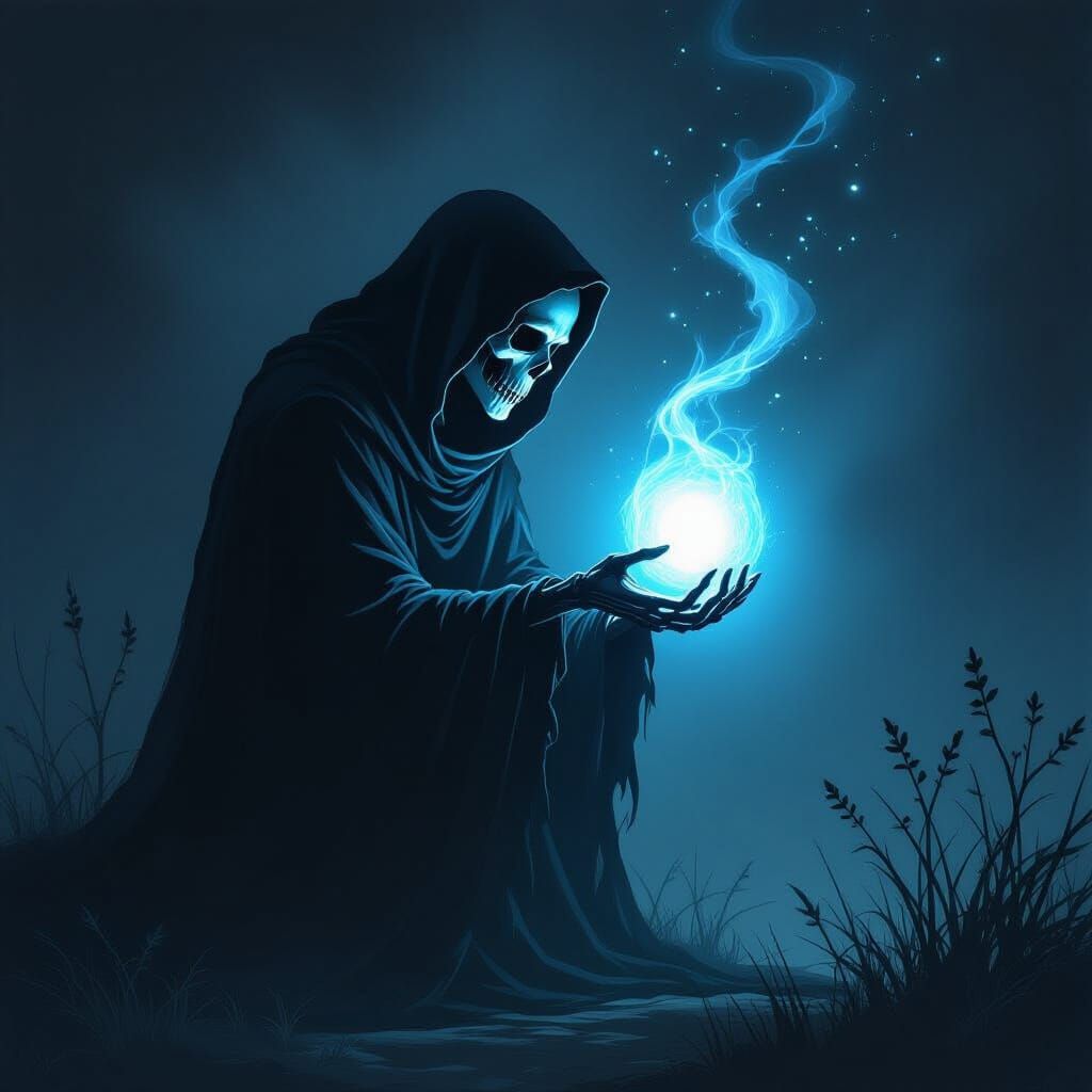 Grim Reaper Takes Glowing Soul in Chiaroscuro Style