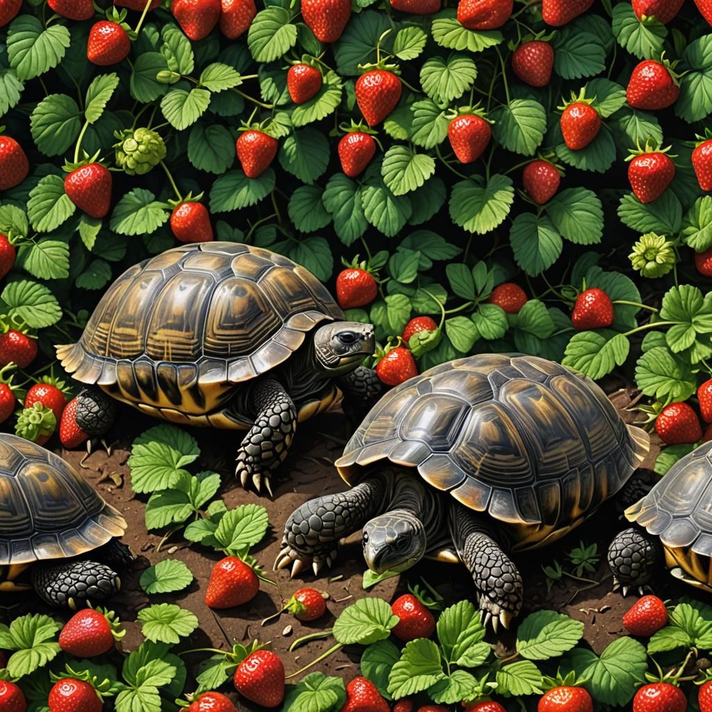 Hyperrealistic Tortoise Munching Strawberries in High Defini...