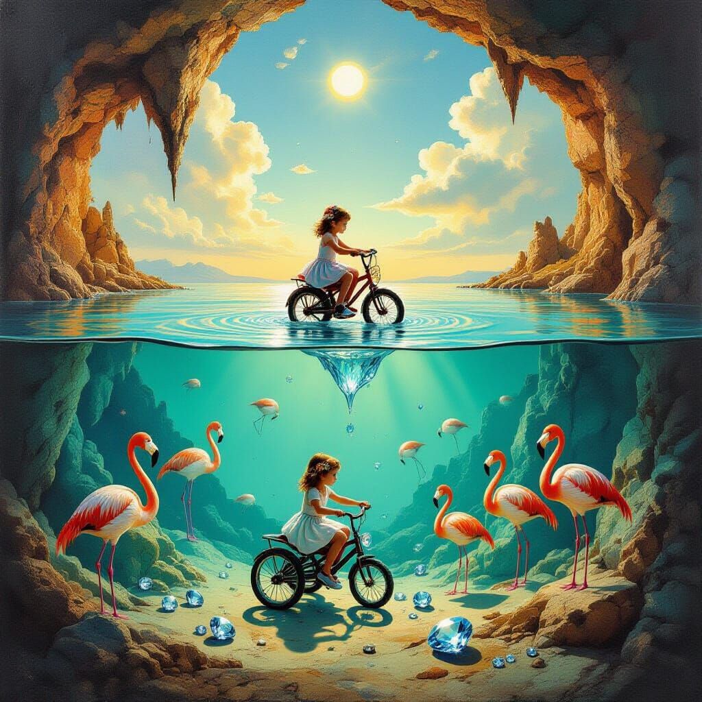 Surreal Girl Rides Tricycle Above Gemstone Underworld