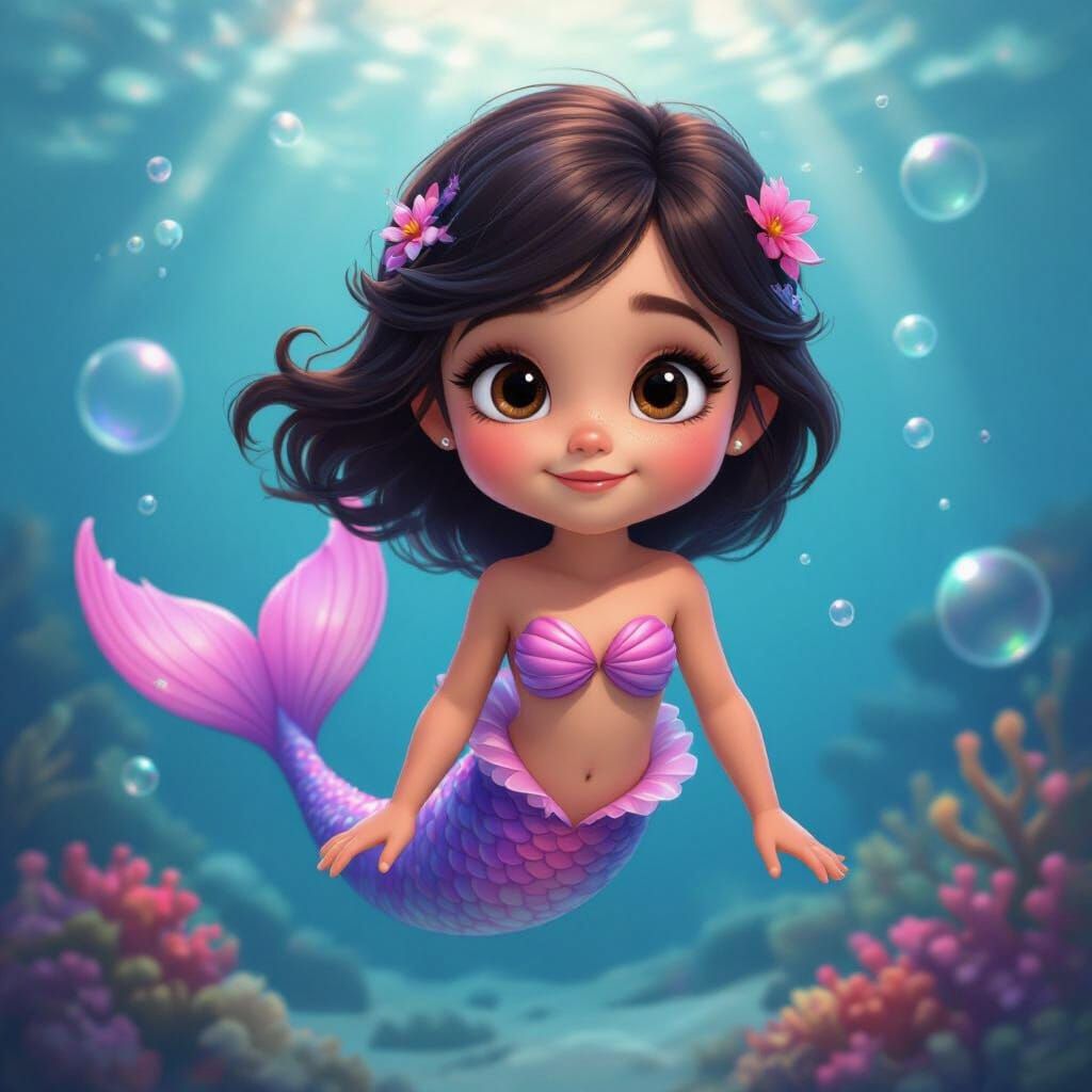 Pixar Style Mermaid Girl in Underwater Landscape