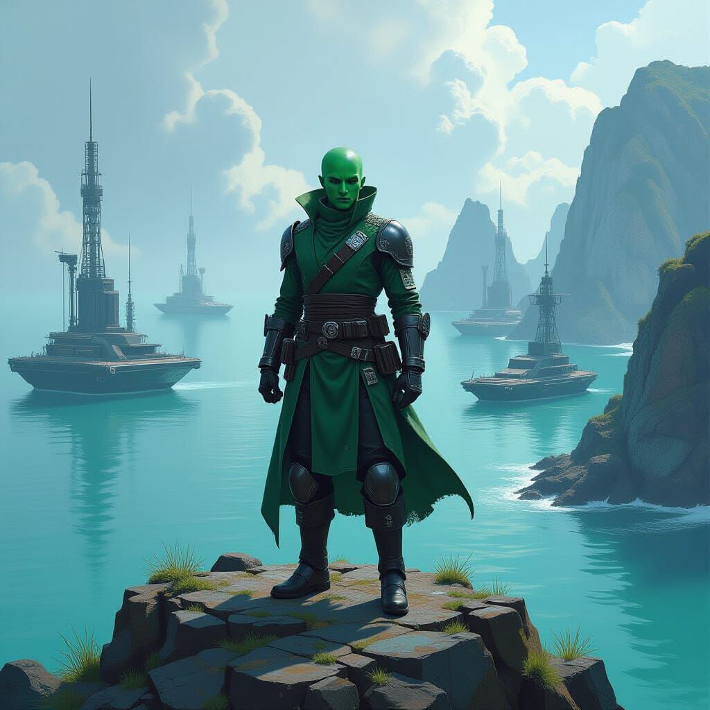 Sci-Fi Space Pirate on Island Chain, in Digital Art Style