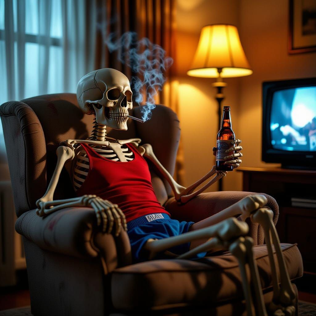 Skeleton Relaxing in Cozy Living Room with Beer and Cigarett...