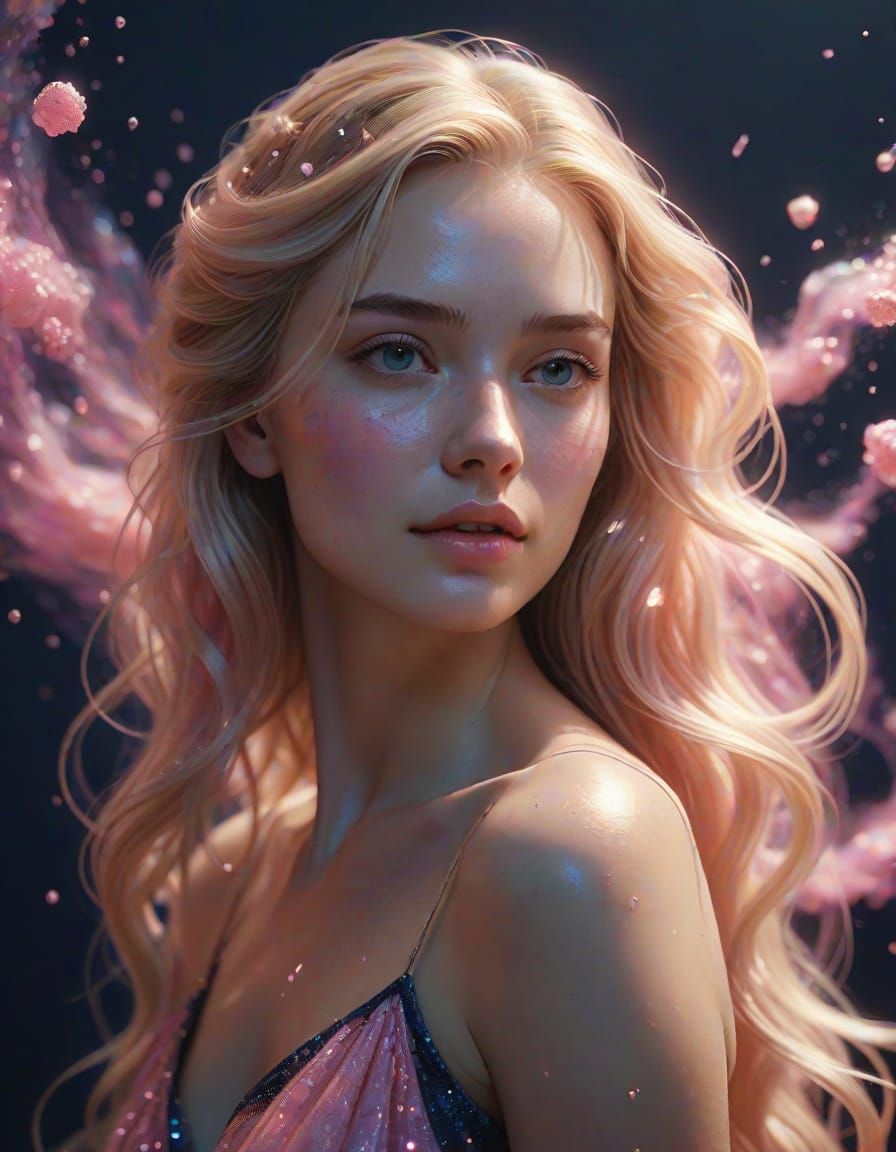 Young Woman with Flowing Hair Amidst Pink Particles
