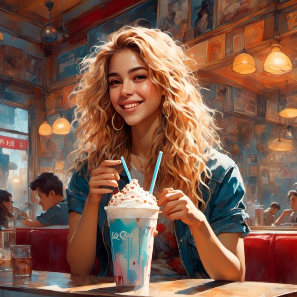 Young Woman with Milkshake: Romantic Watercolor Portrait