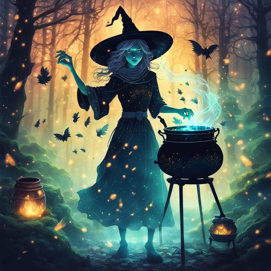 Mystical Witch Double Exposure in Fantasycore Style