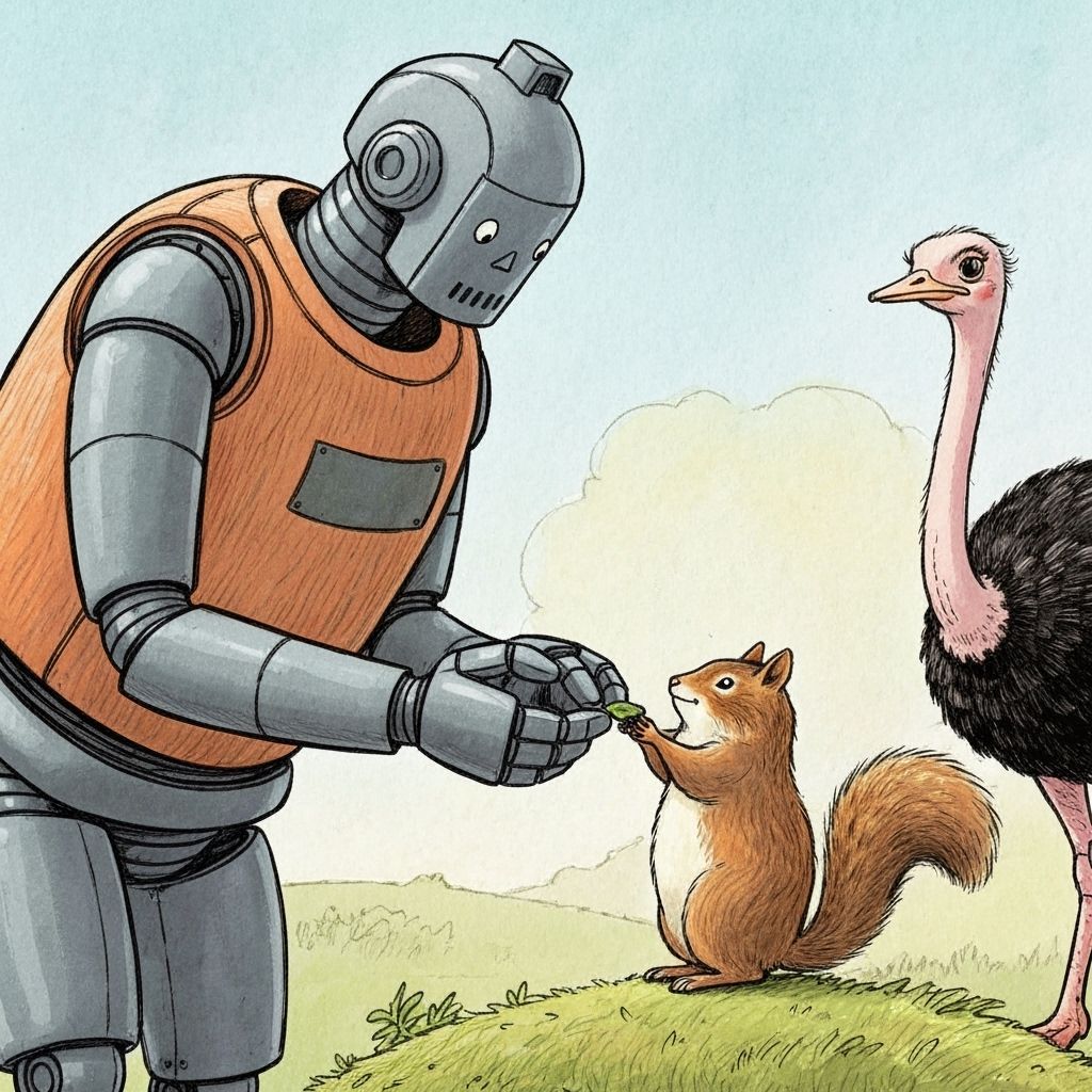 Charming Robot Feeds Squirrel in Storybook Art Style
