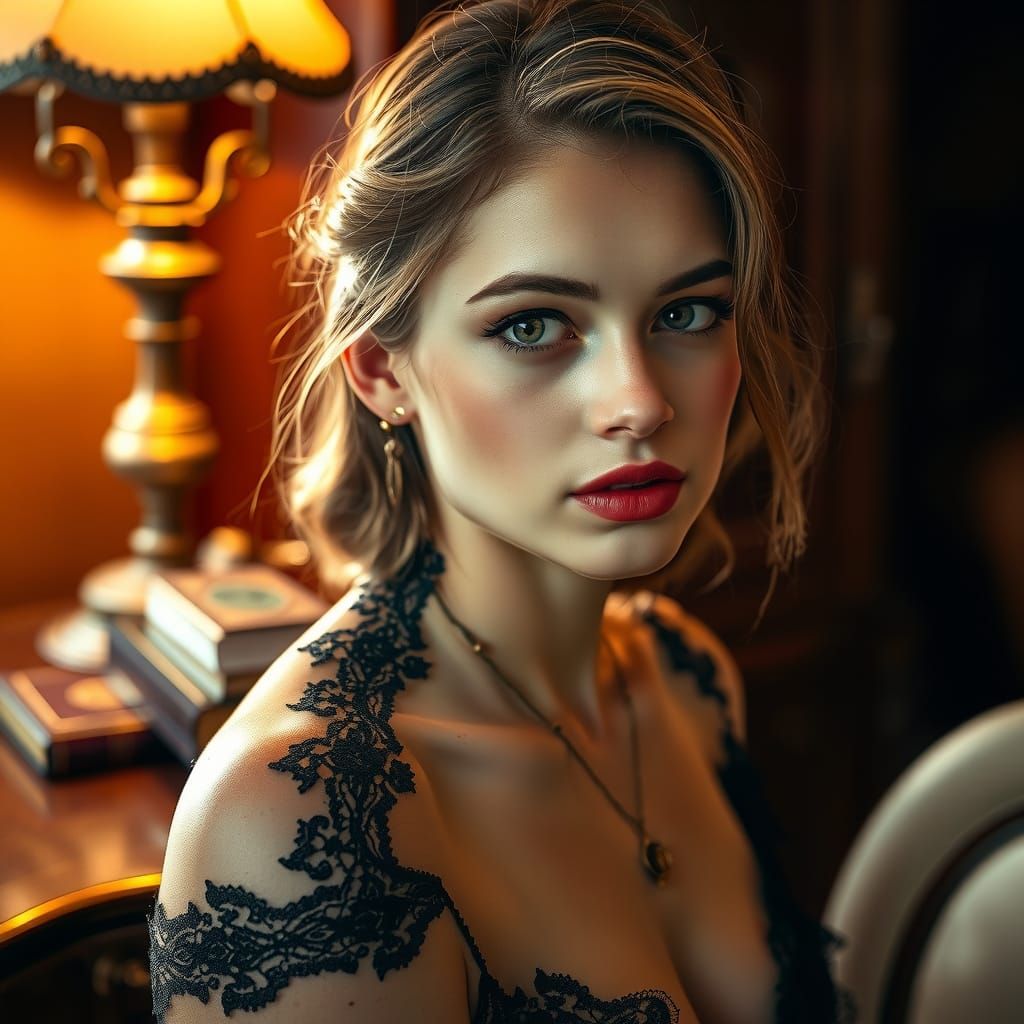 Sensual Young Woman in Elegant, Dark Lace Pose