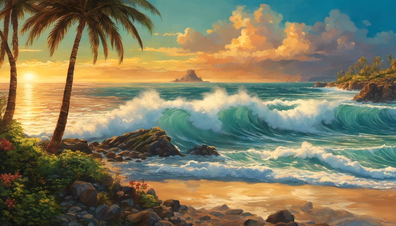 Topical Seascape with Crashing Waves  and palm trees - 2725 ...