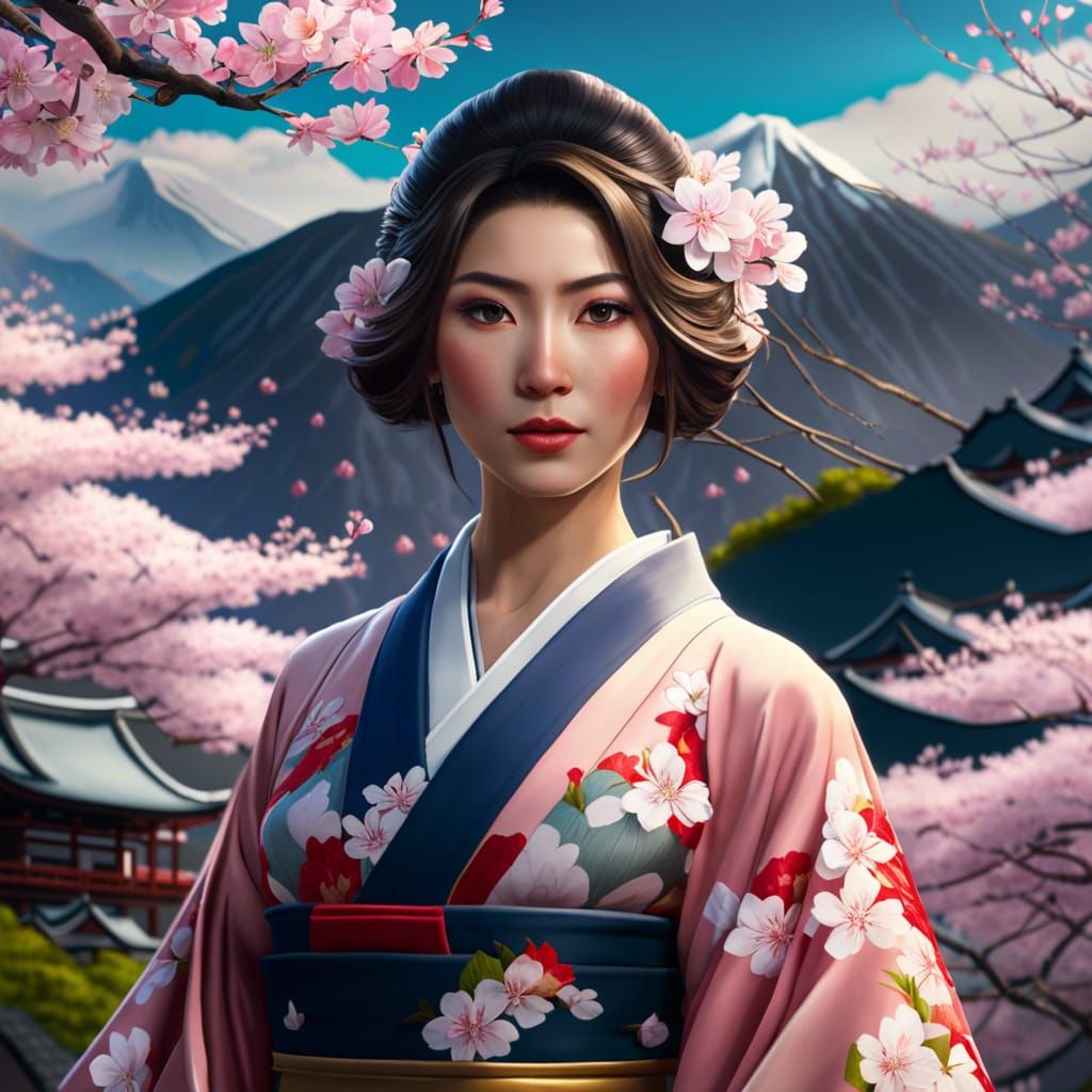 Japanese Beauty in Kimono with Cherry Blossoms