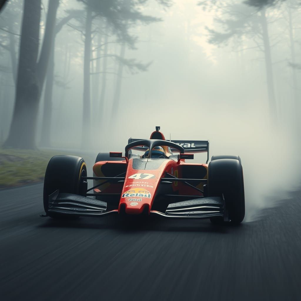 A lone Formula 1 racecar speeds through a misty forest at dawn, its sleek, aerodynamic design cutting through the fog-la...
