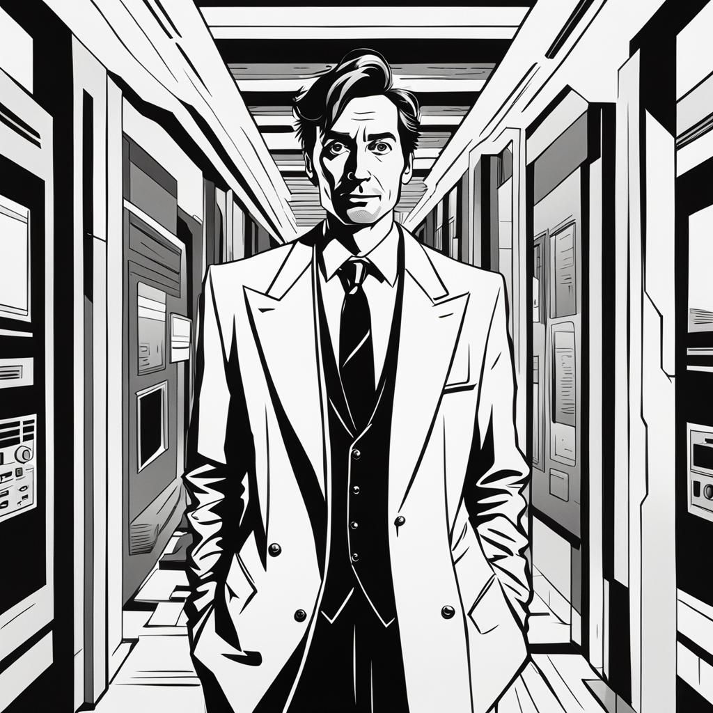 Retro-Futuristic Dandy in Black and White Ink Illustration