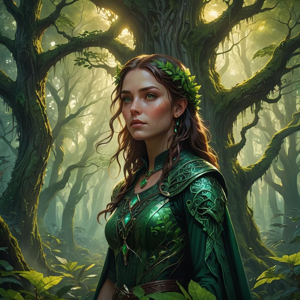 Green-Eyed Girl in Emerald Forest: Fantasy Art