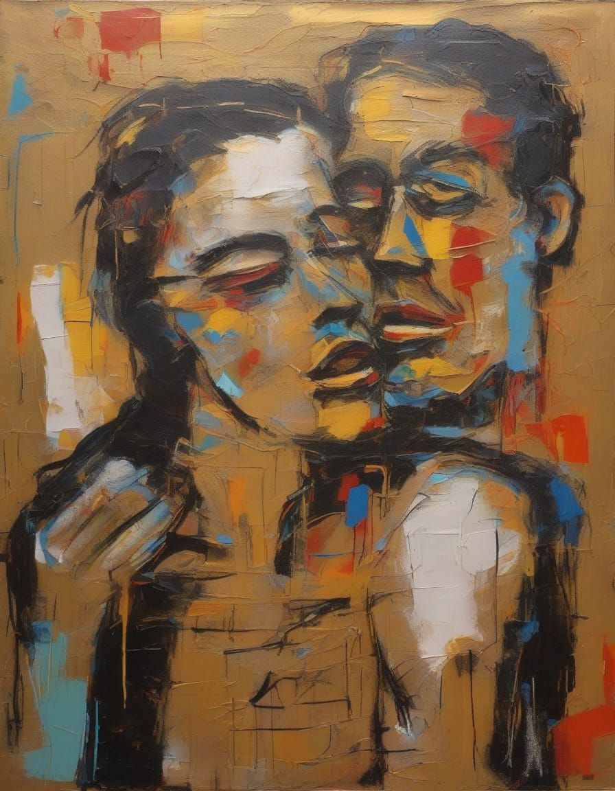 Passionate Embrace: An Expressionist Painting in Basquiat St...