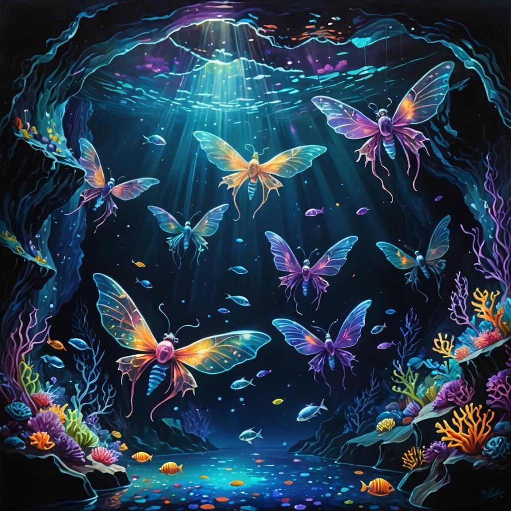 Bioluminescent Underwater Art in Triadic Colors