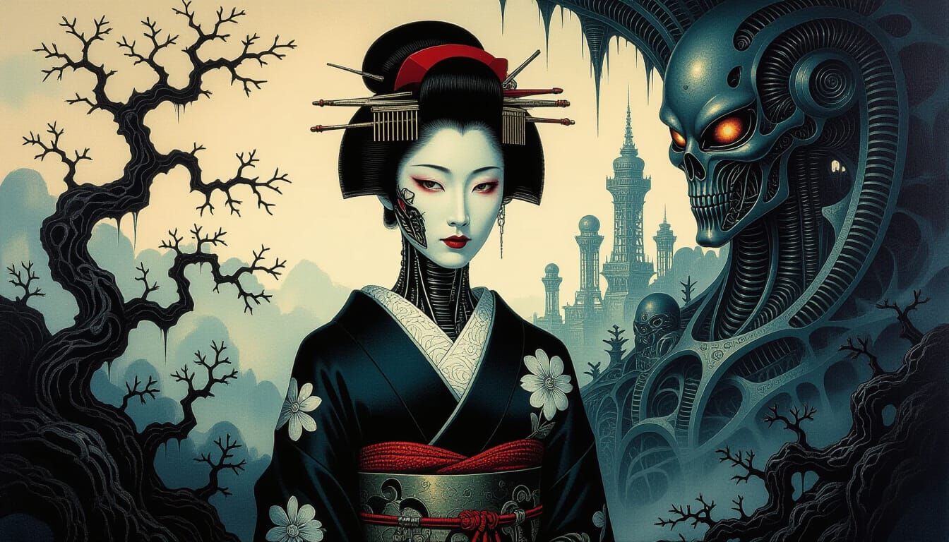 Biomechanical Japanese Woman in Alien Landscape