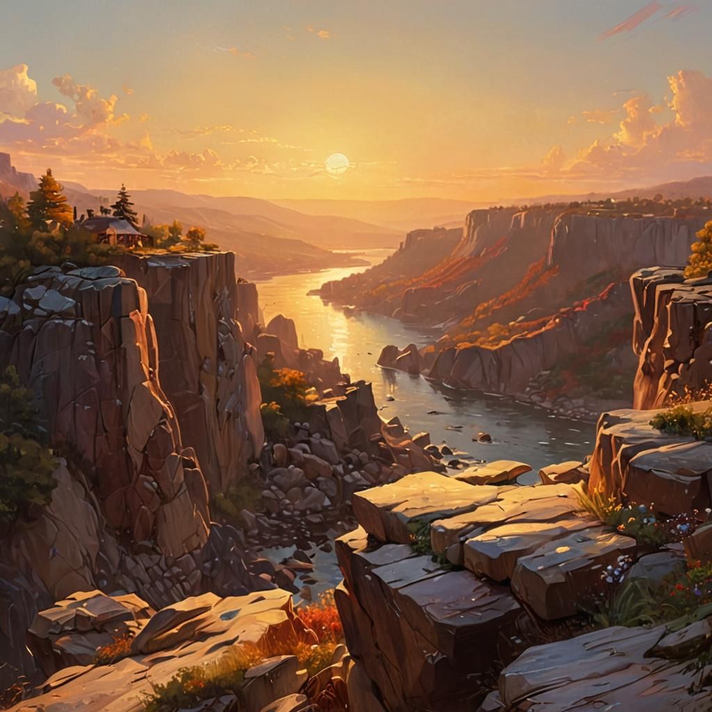 Expressionist Cliffs Overlook Cityscape in Oil Paint