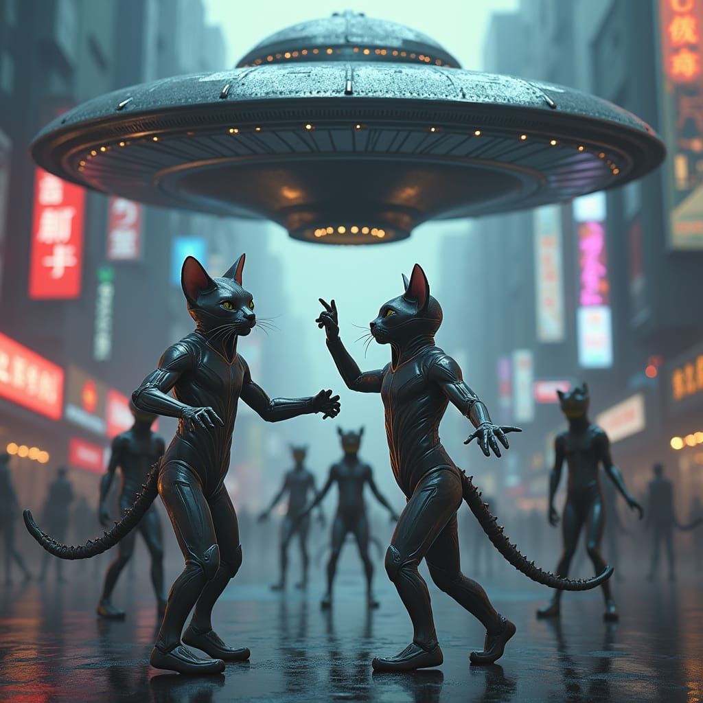 Cyberpunk Cats Unite with Aliens under Levitating UFO