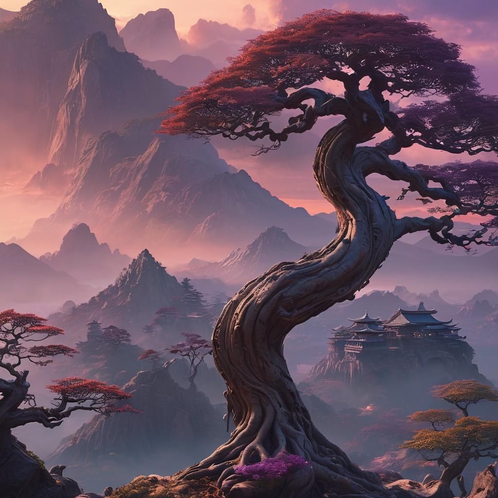 Fantasy Bonsai Tree with Winding Mountain Landscape
