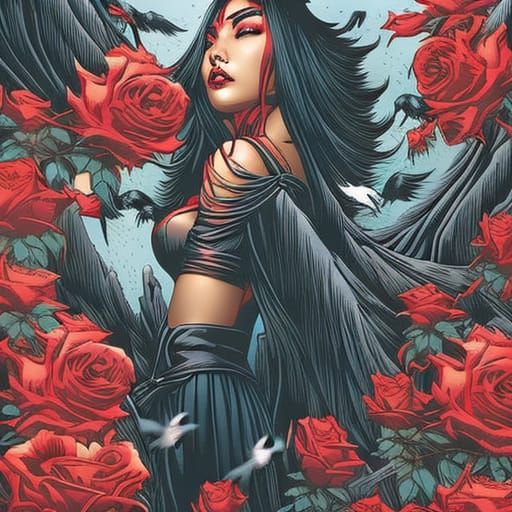 Asian Model with Roses and Crows in Comic Book Art