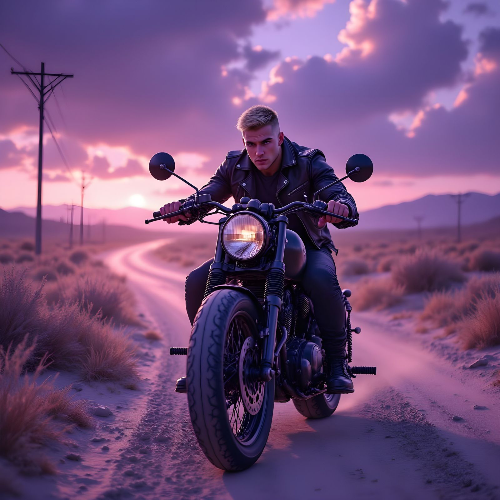 Lone Racer in Apocalyptic Wasteland Oil Painting