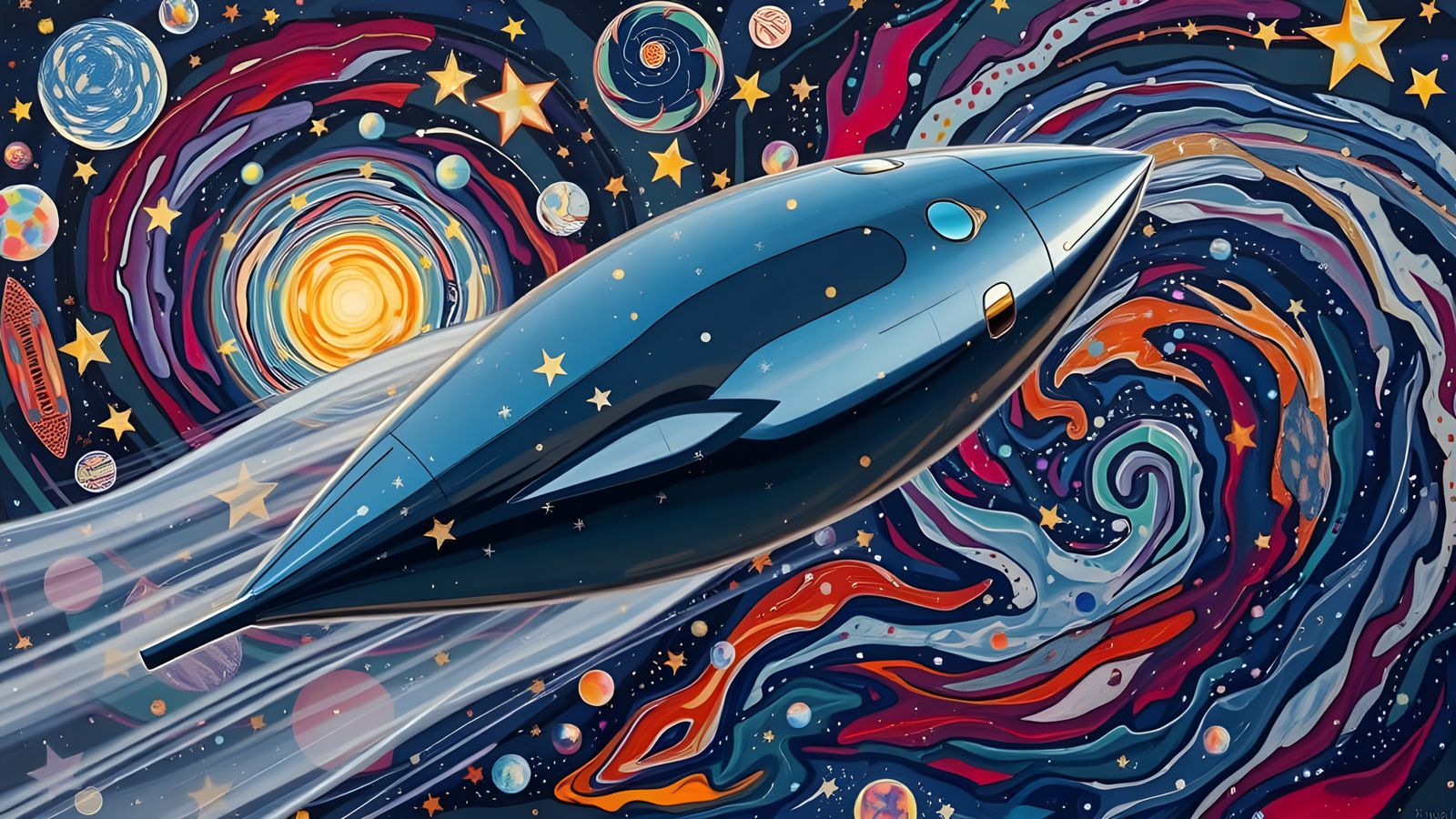 Sleek Cylinder Races Through Kandinsky-Inspired Cosmos