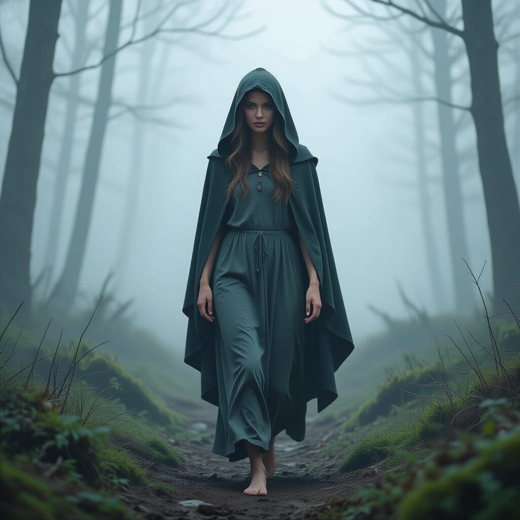 Woman in Misty Forest Cloaked and Hooded