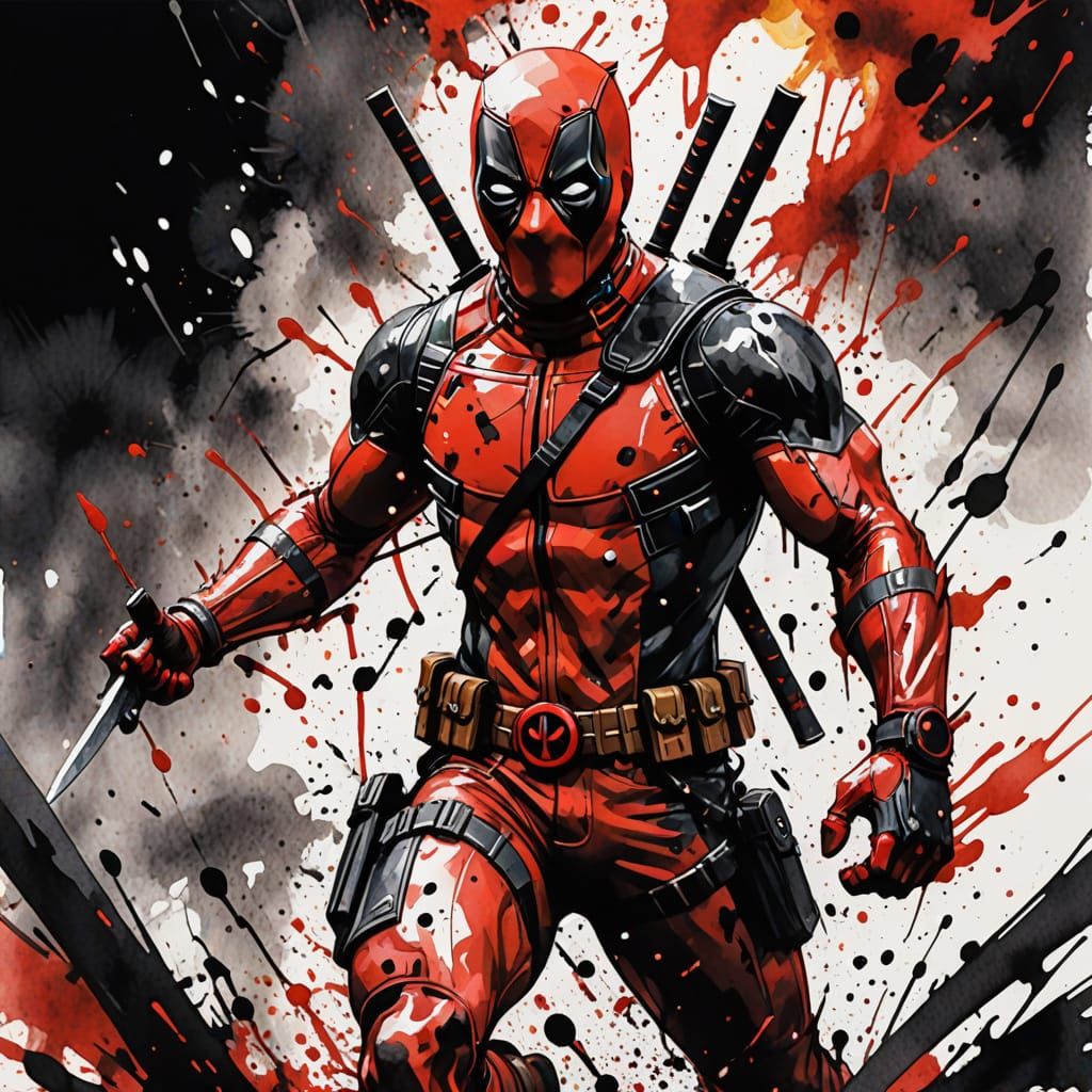 Deadpool in Chaotic Watercolor Cartoon Madness