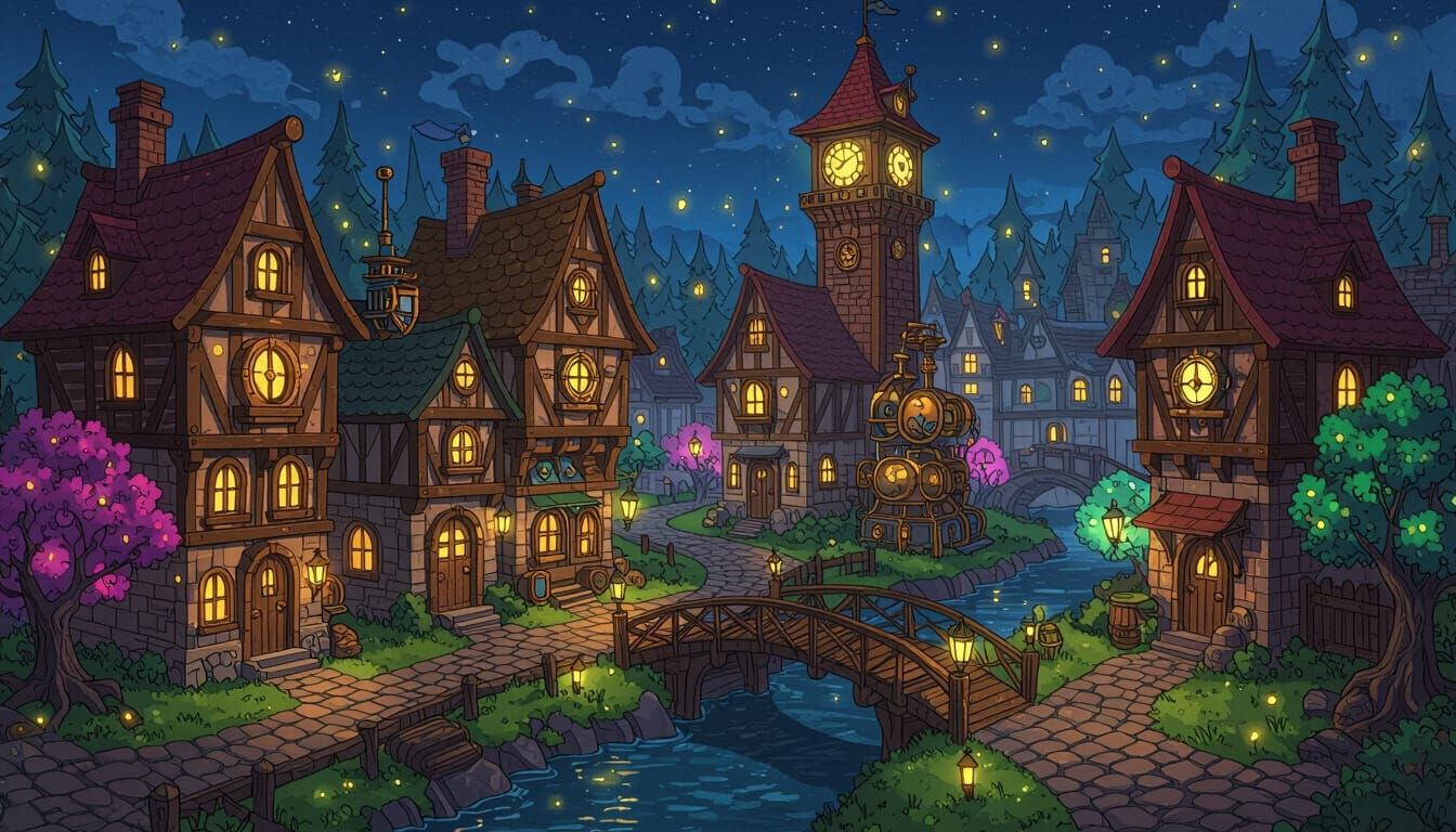 Steampunk Cartoon RPG Town with Glowing Lanterns