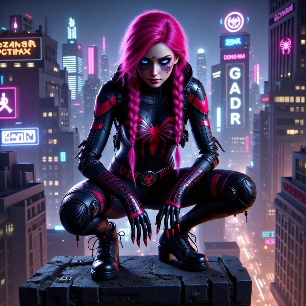 Cyberpunk Spidergirl on NYC Skyscraper