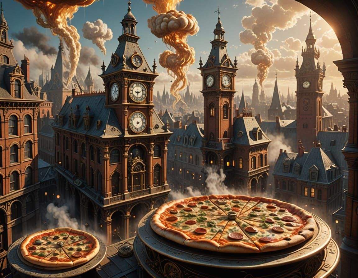 Pizza Slices in Steampunk Victorian Cityscape