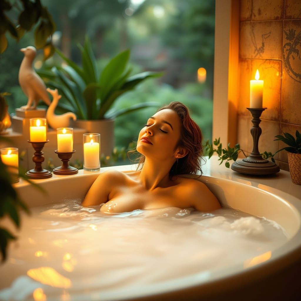 Serene Woman in a Golden Hot Bath Scene