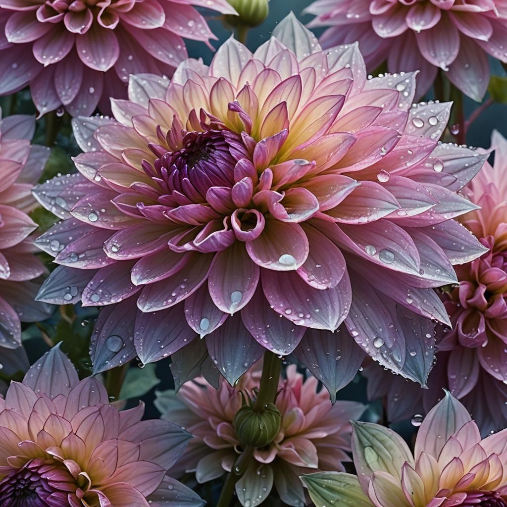 Pink Dahlias in Dew, Fantasy Floral Art