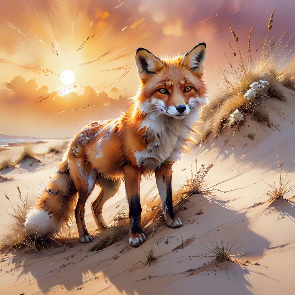 Fox on Dune in Watercolour Sunset