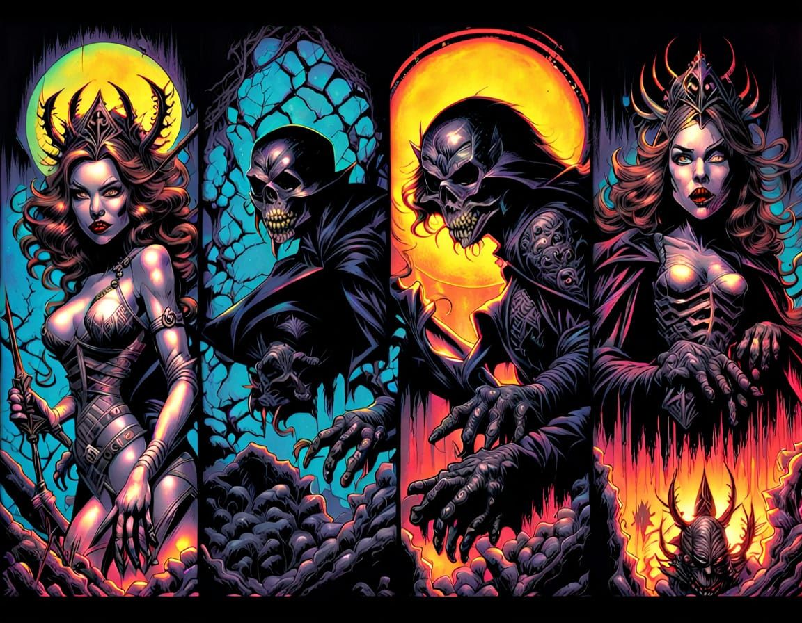 Neon Comic Books on Wooden Table in Epic Fantasy Style