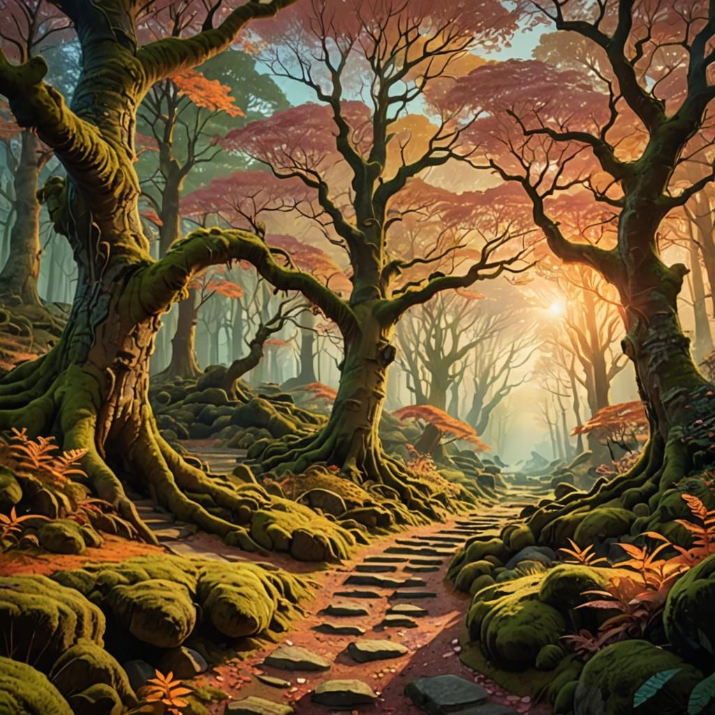 Serene Forest Landscape with Winding Path at Sunrise