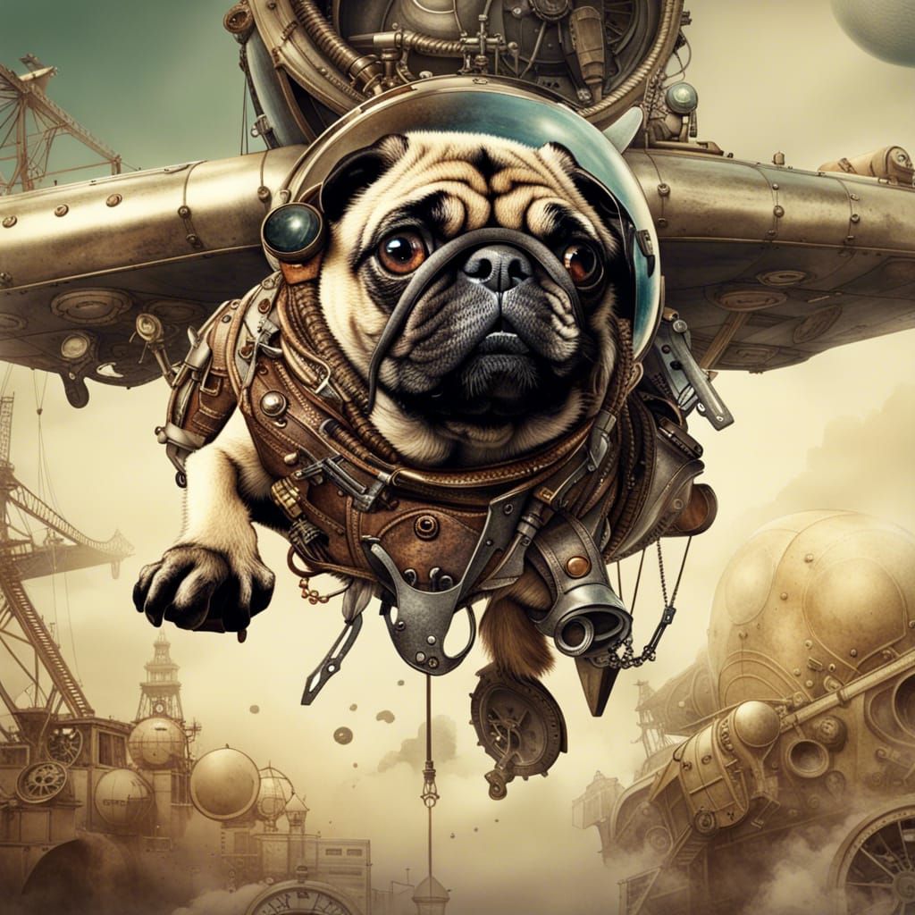 Mad Max Pug Dog Parachuting: Dark Fantasy Illustration