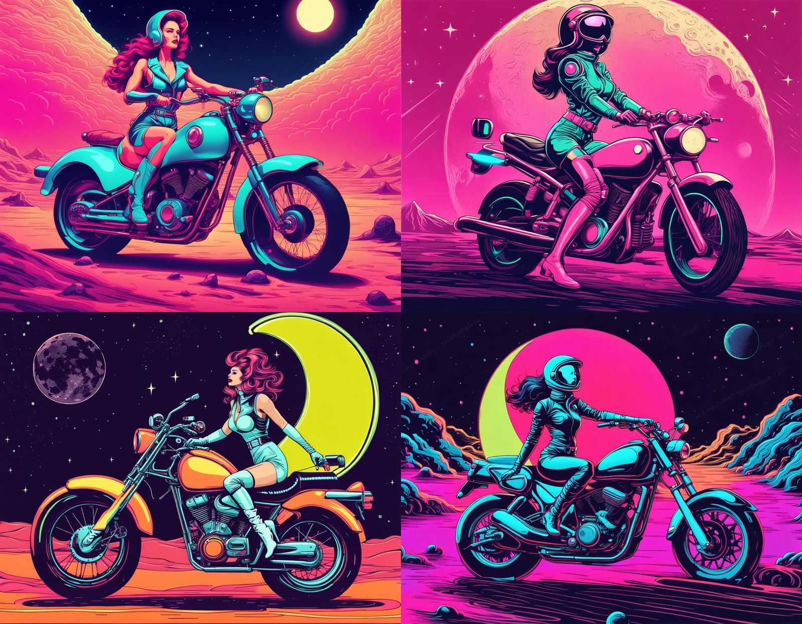 Neon Retro Woman on Moon Motorcycle Ride