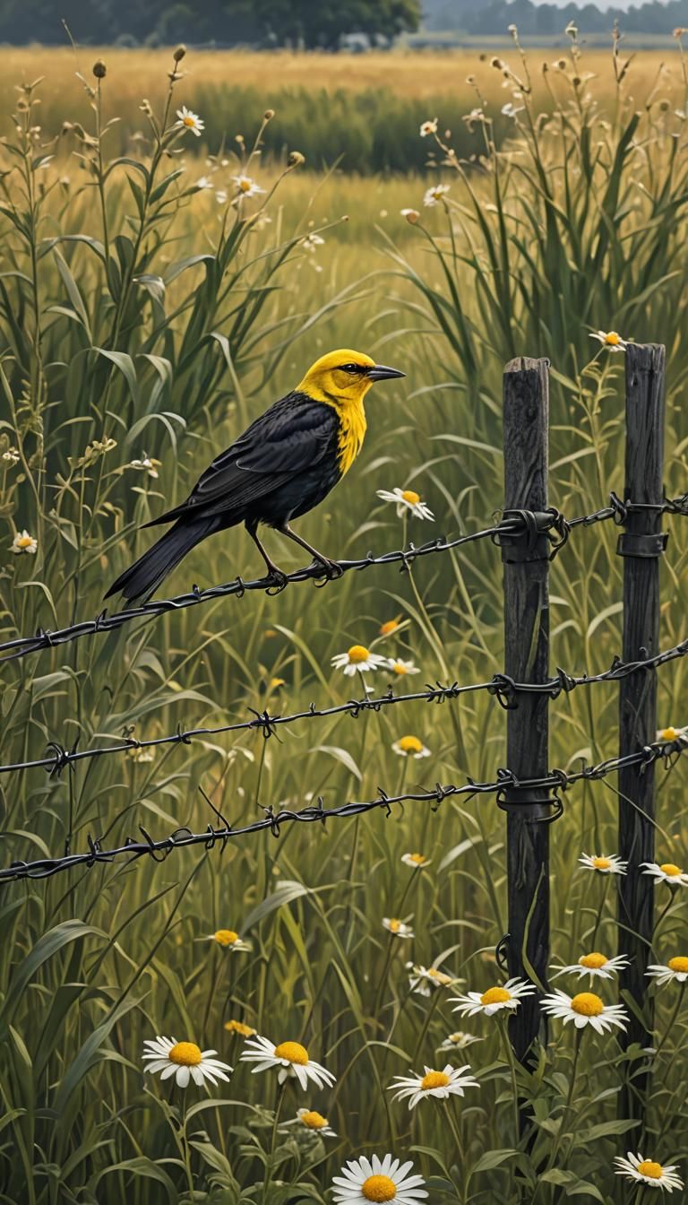 Yellow-Headed Blackbird on Fence, Digital Matte Painting