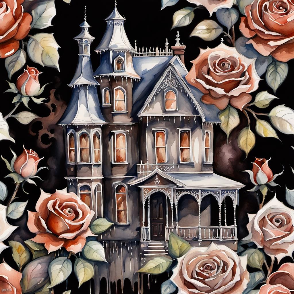 Haunted Victorian Dollhouse with Roses in Gouache Style