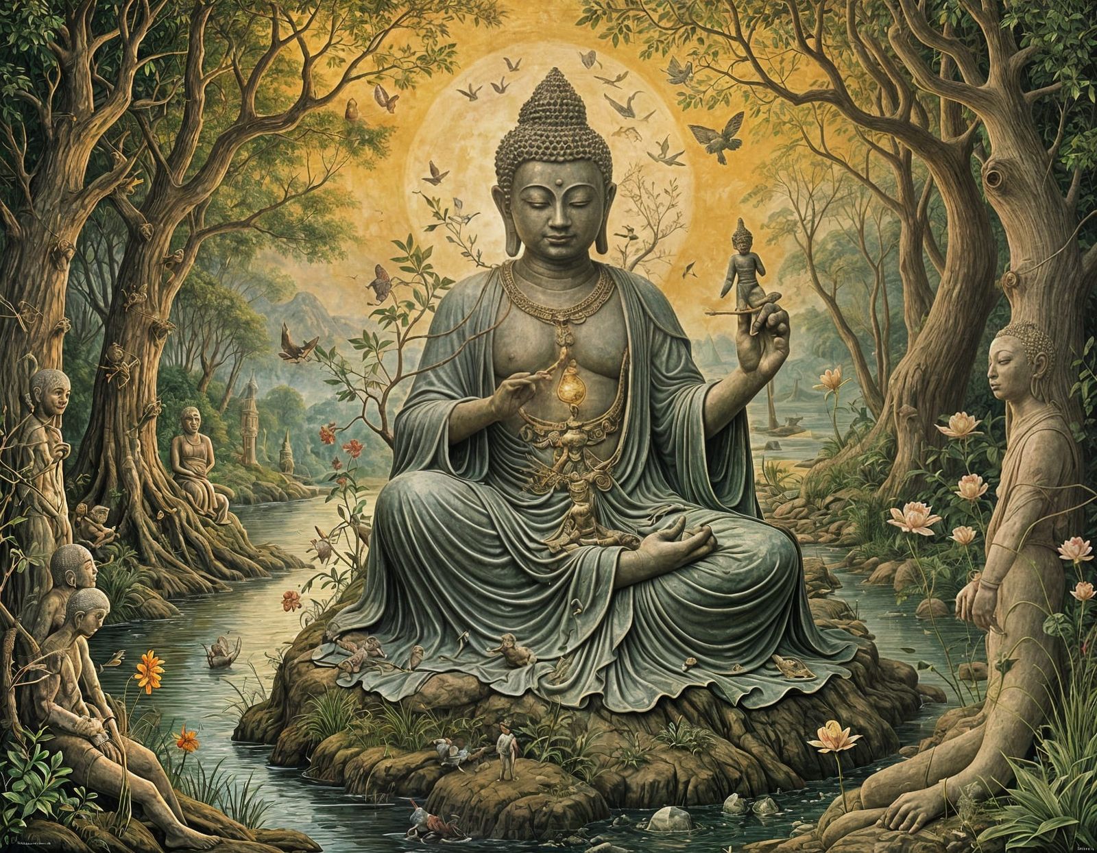 Mystical Buddha in a Grotesque Wonderland, in a Tempera Pain...