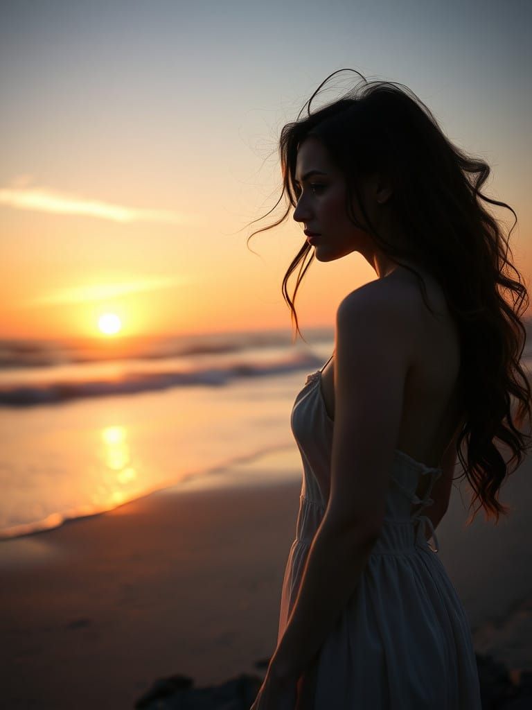 Vampire Woman Faces the Sunrise on the Beach