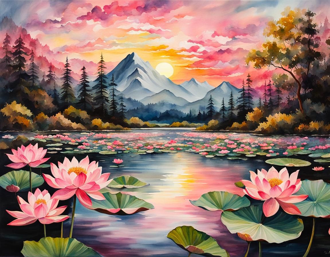Lotus Pond Mountain Scene in Oil, Watercolor, and Ink