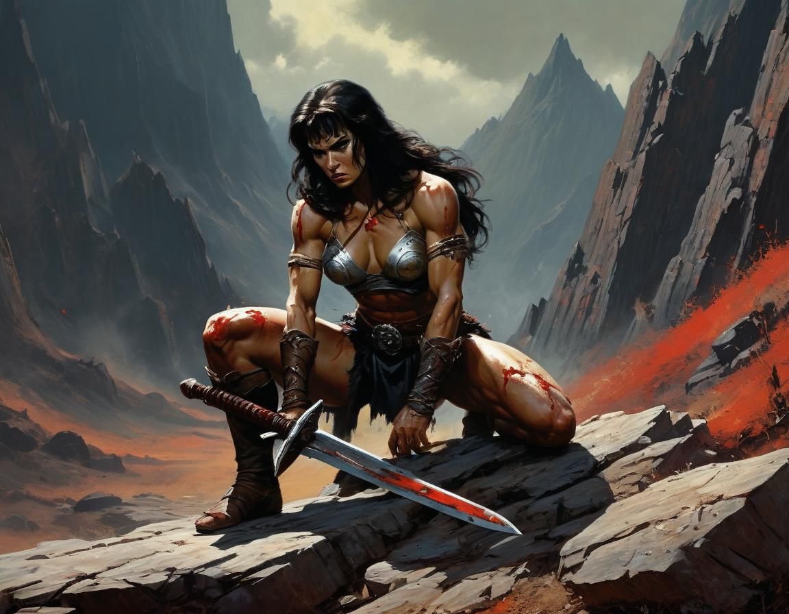 Warrior Woman with Sword in Frazetta Style
