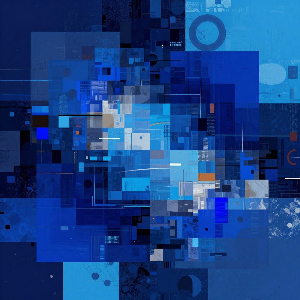 Dynamic Blue Collage Art with Evolving Digital Style