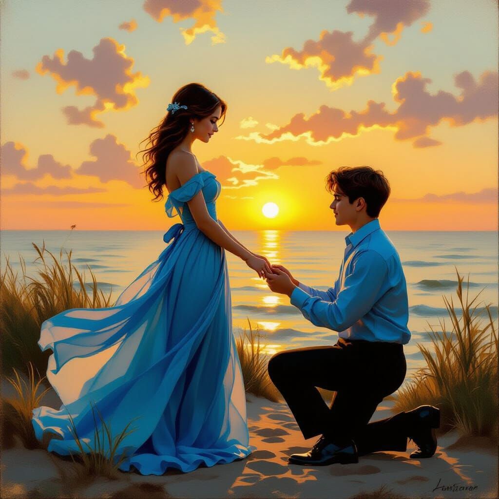 Romantic Marriage Proposal at Sunset, Oil Painting Style