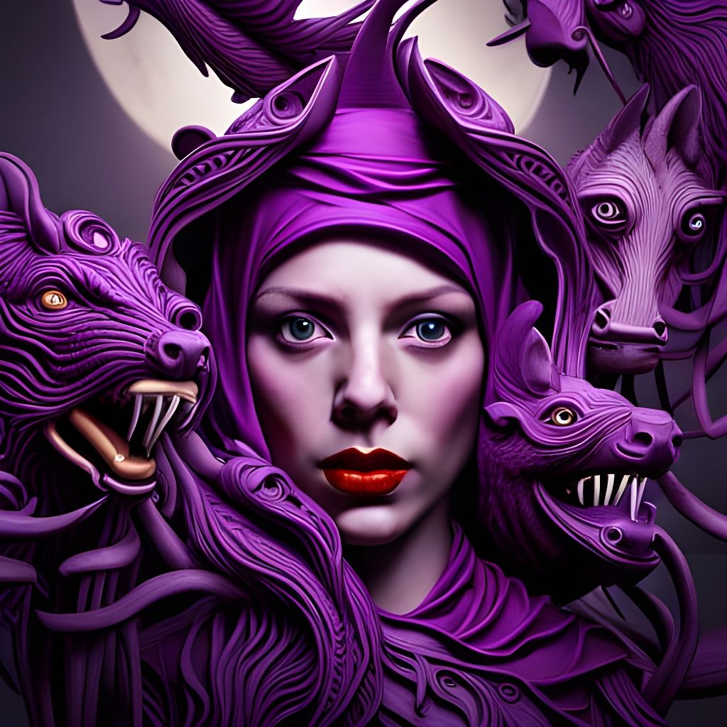 Surreal Purple Collage of Coffee Monster and Cow